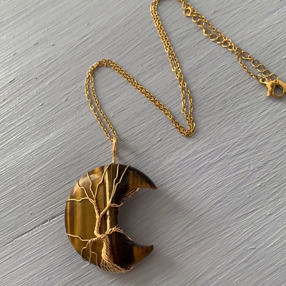 Tigers Eye Necklace Tigers Eye Pendant with Gold Plated Stainless Steel Chain - Picture 2 of 6